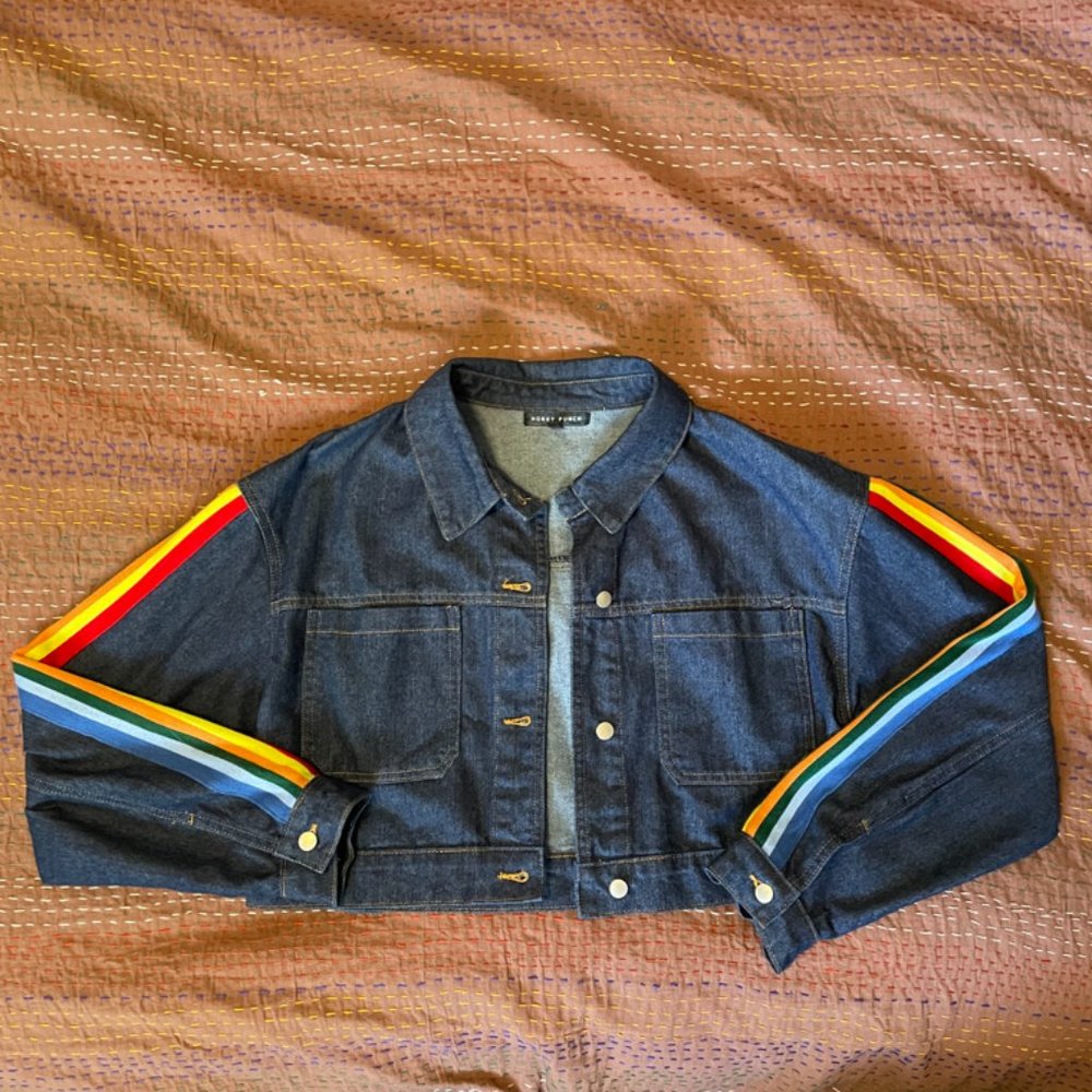 Dark wash cropped denim jacket with rainbow arm panel